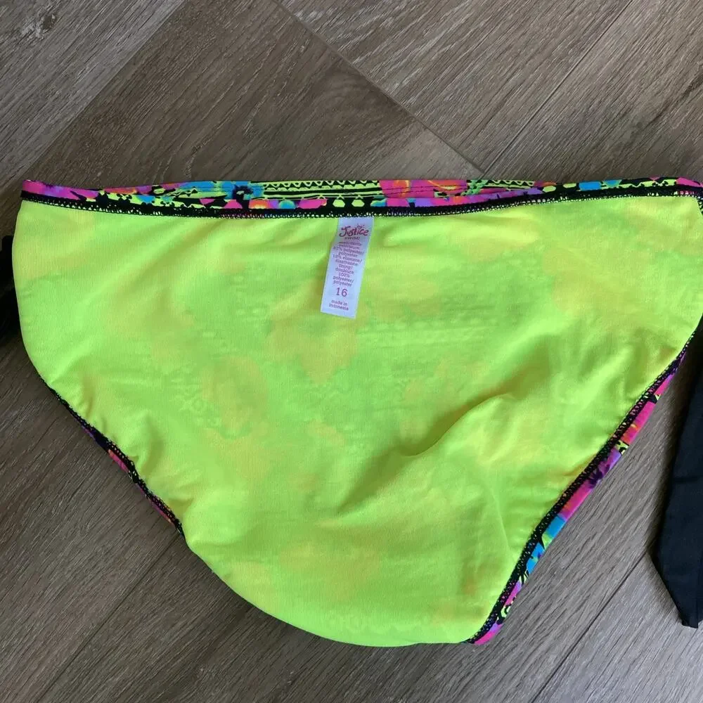 Justice Bandeau Bikini Top & Bottom Girls Sz 16 Yellow Black Tropical Floral